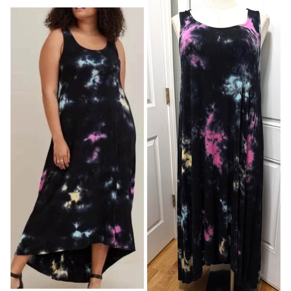 Torrid 2 (2X 18/20) Black Pink Blue Tie Dye Super Soft Hi Low Hem Maxi Dress New